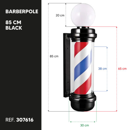 Barberpole - Kapperspaal met Bol 85cm - Zwart - Afbeelding 2